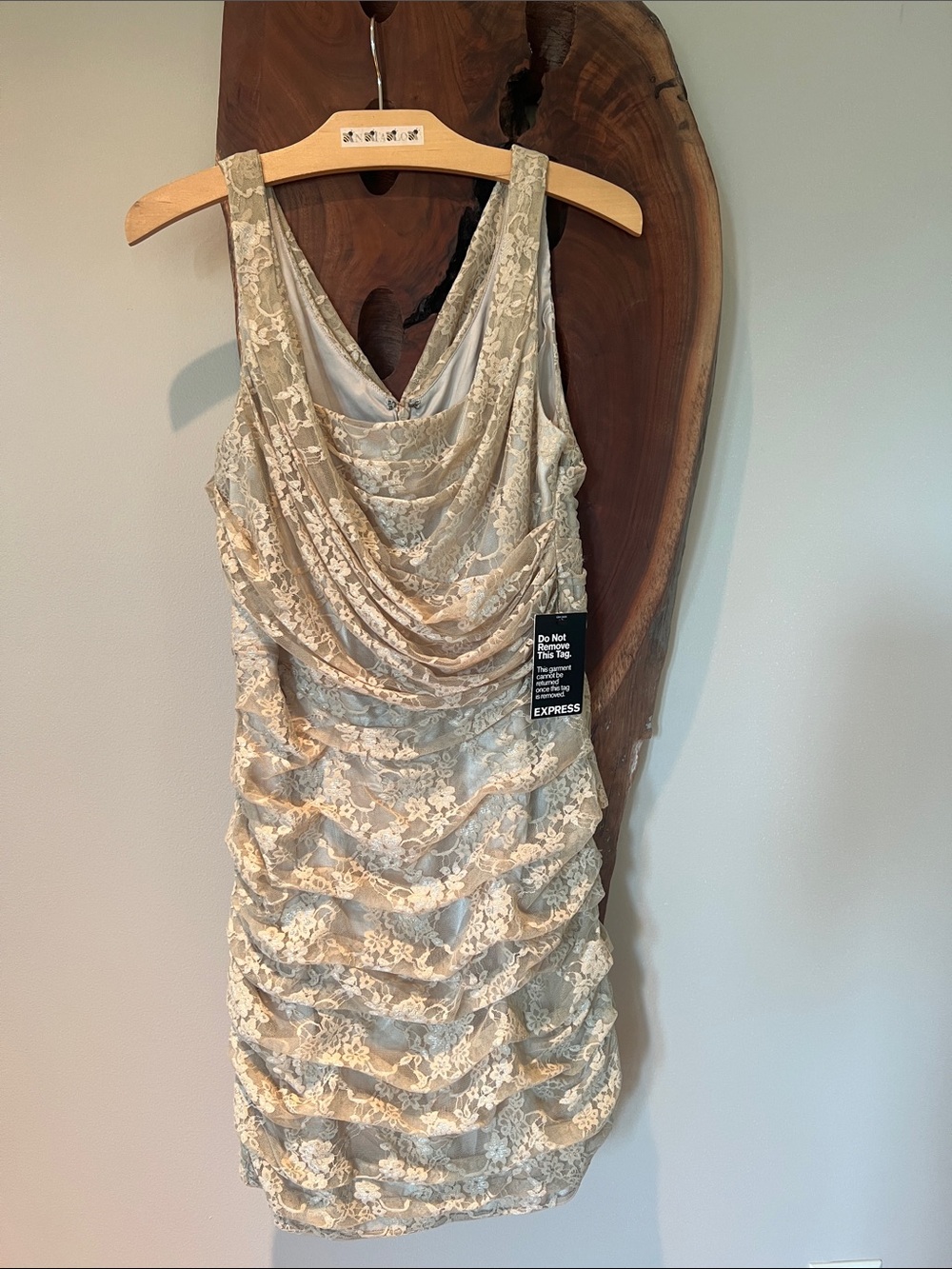 Express Lace Draped Mini Dress Sz 10 Light Gold/Champagne Romantic Ethereal